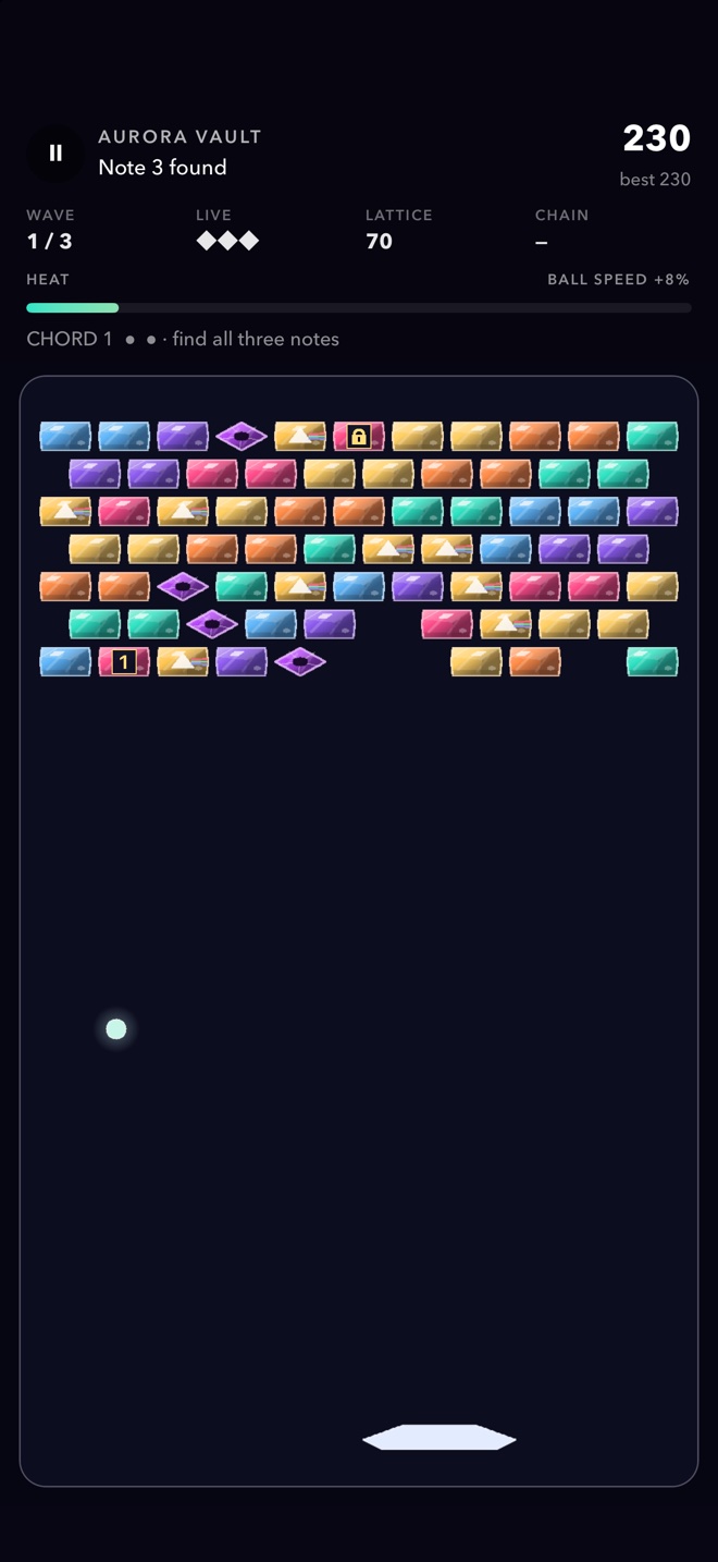 Aurora Vault gameplay with the paddle, ball, crystal field, and chamber objective visible