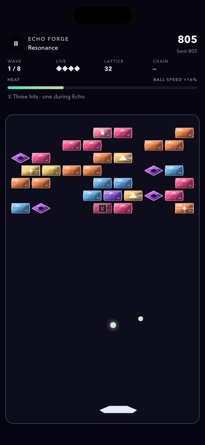 Echo Forge gameplay with the paddle, ball, crystal field, and chamber objective visible