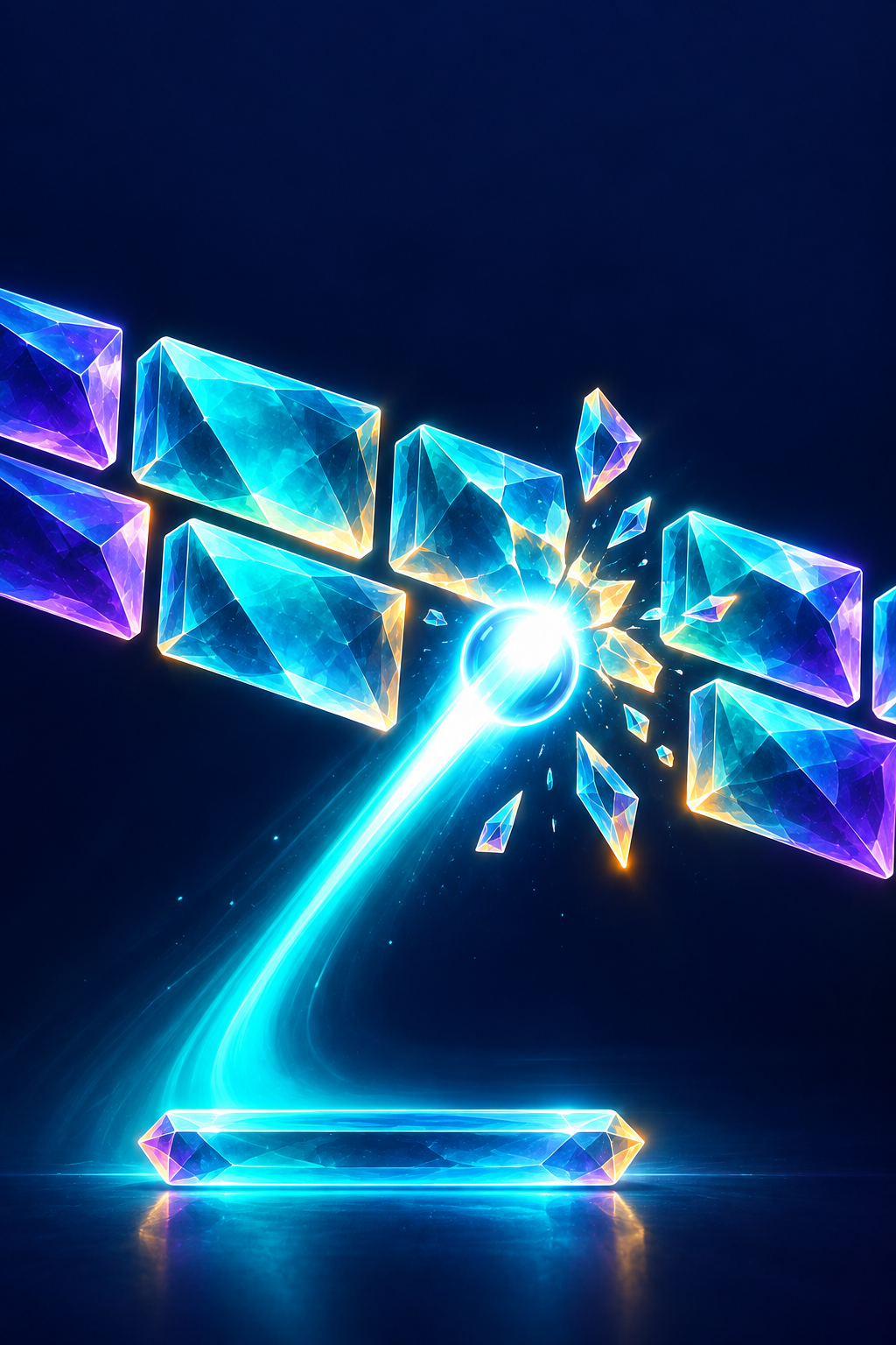 BEAMBO promotional illustration: a cyan photon striking teal and violet glass above a luminous paddle