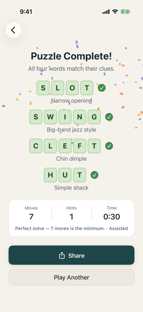 Puzzle Complete with every word solved, moves, hints and time