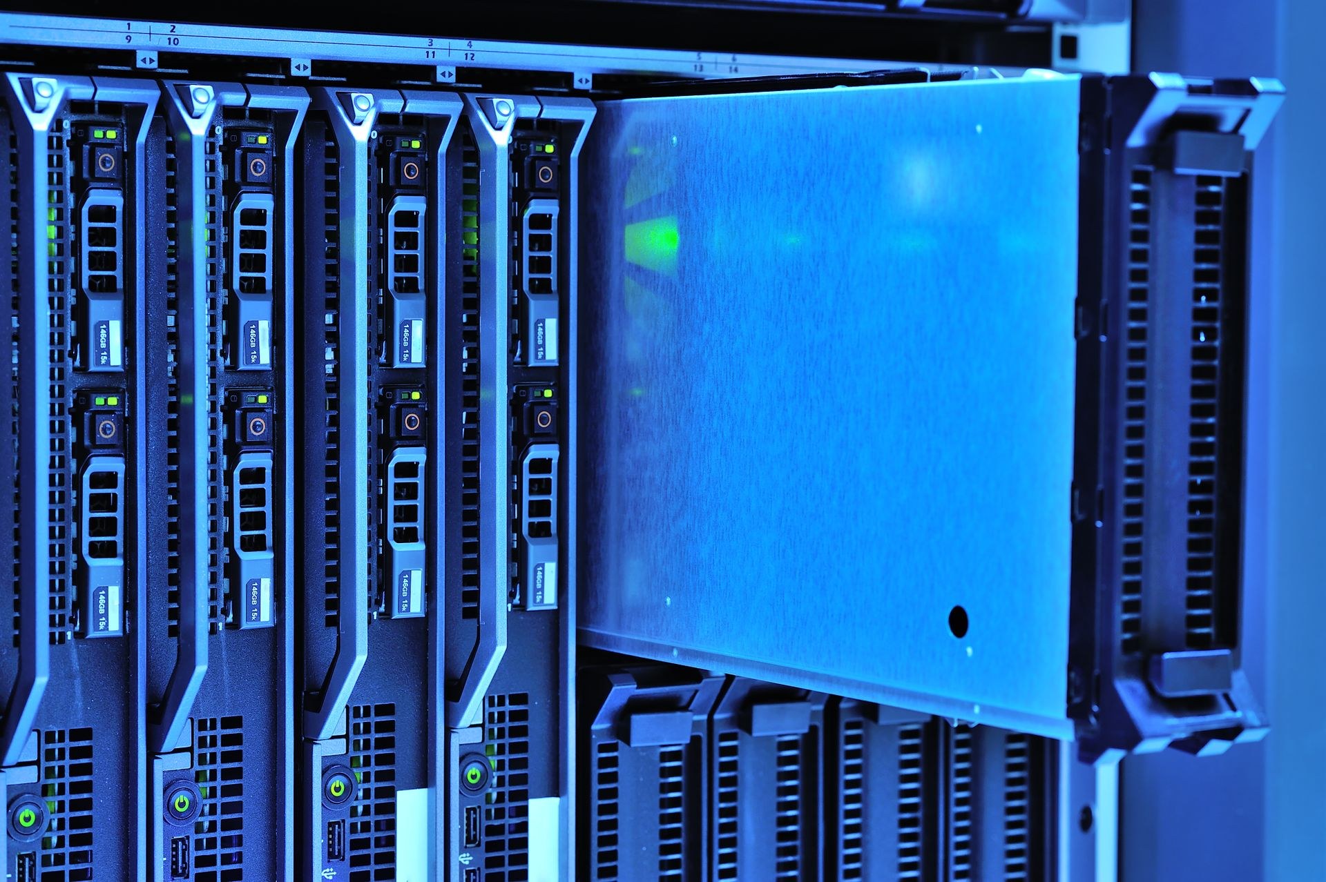 Server racks with glowing lights in a data center
