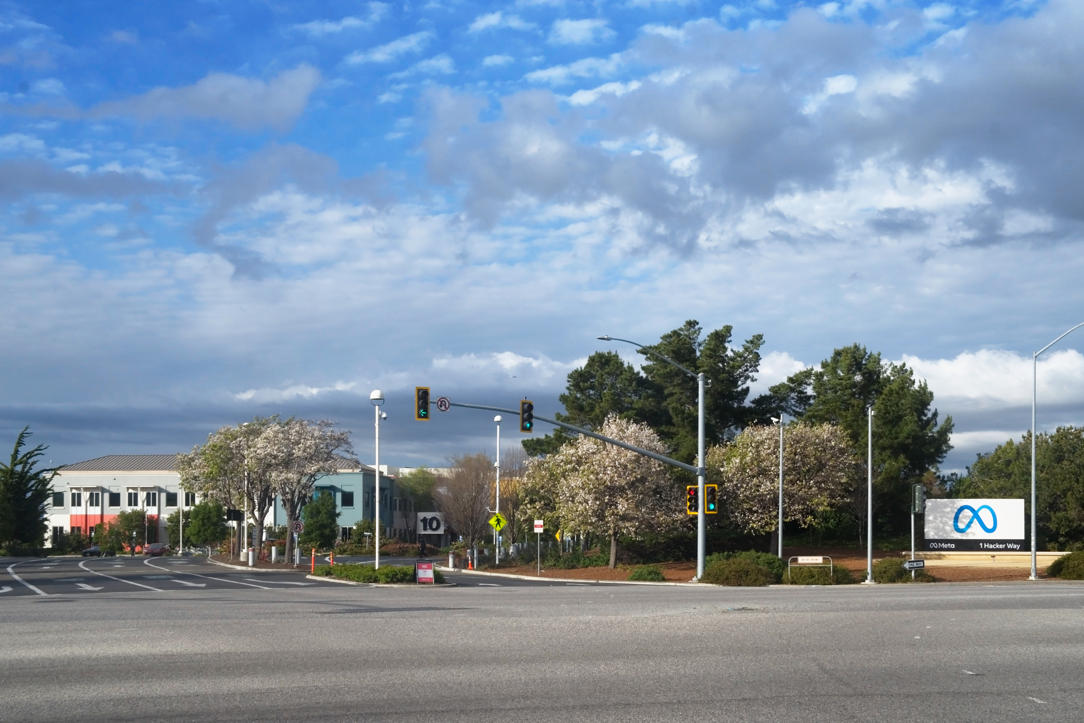 Entrance sign to the Meta Platforms headquarters campus in Menlo Park, California