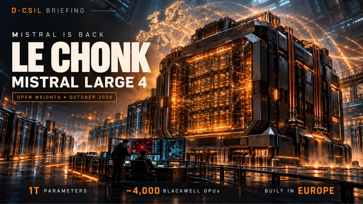 D-CSIL Briefing title card: Le Chonk — Mistral Large 4, open weights October 2026
