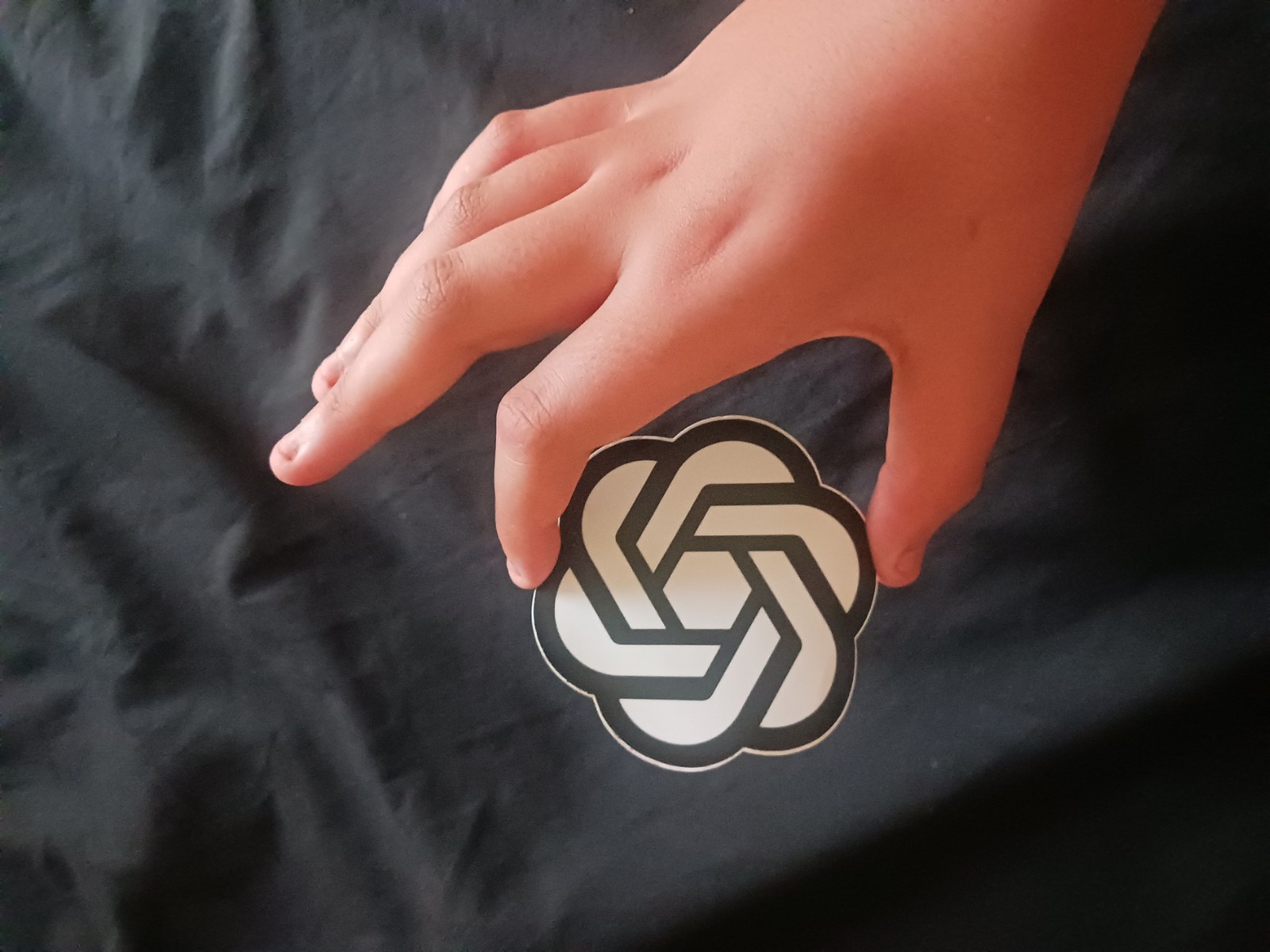 A hand holding a sticker of the OpenAI logo