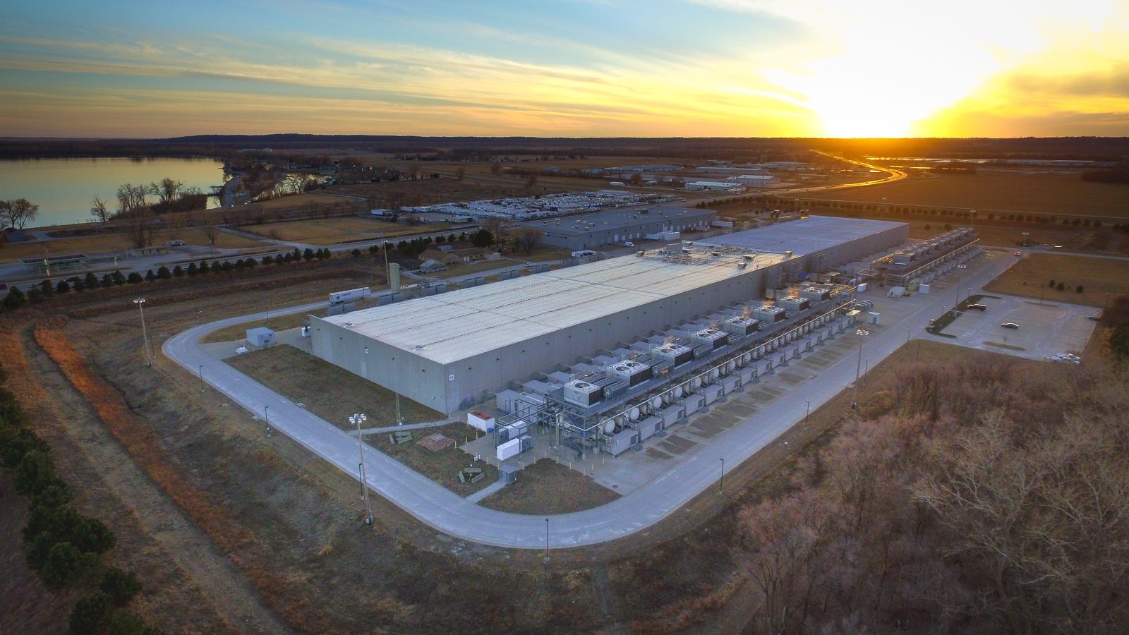 Aerial view at sunset of Google's data center complex in Council Bluffs, Iowa