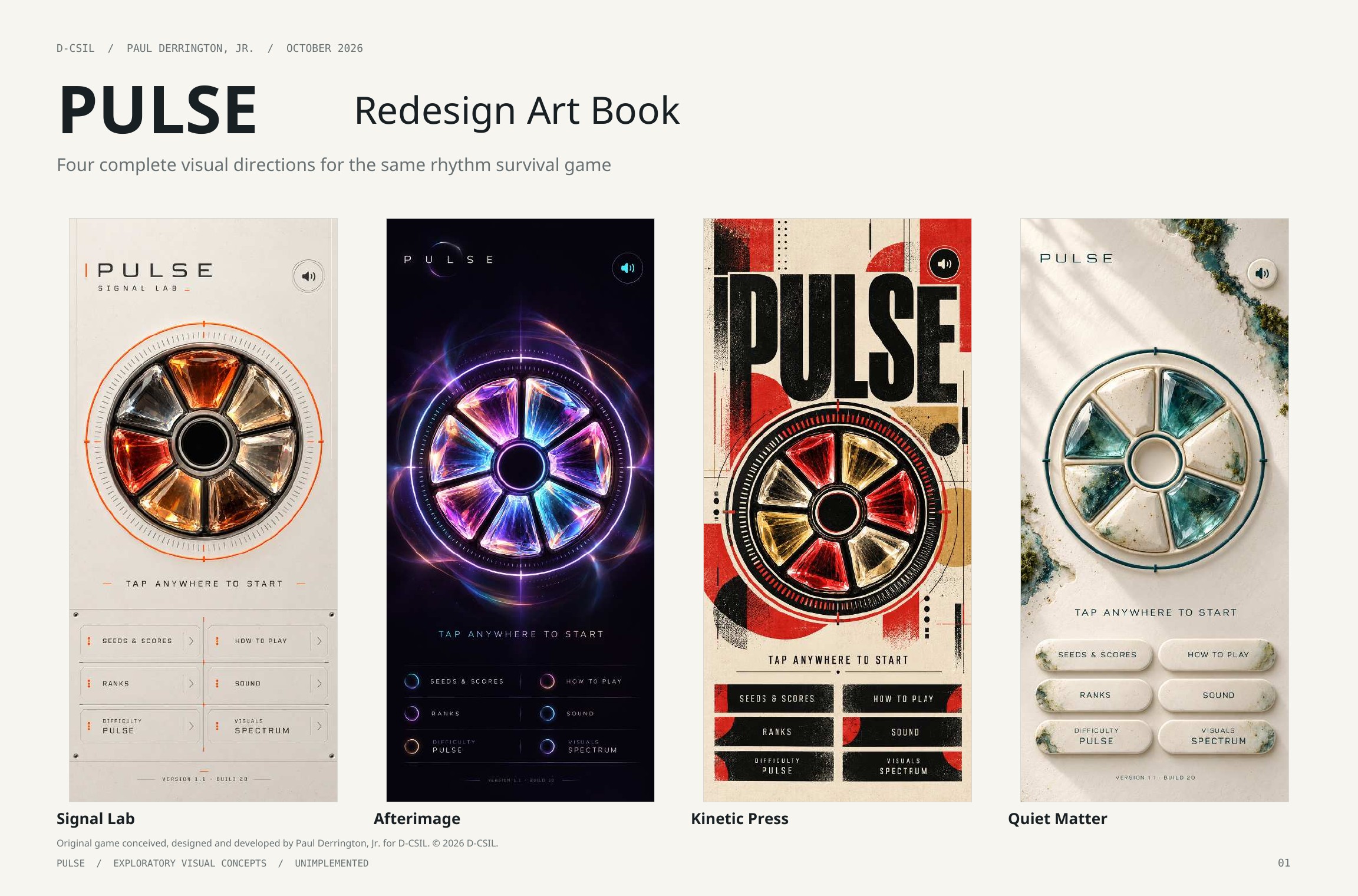 Original artbook page 1: PULSE Redesign Art Book. Full page text follows.