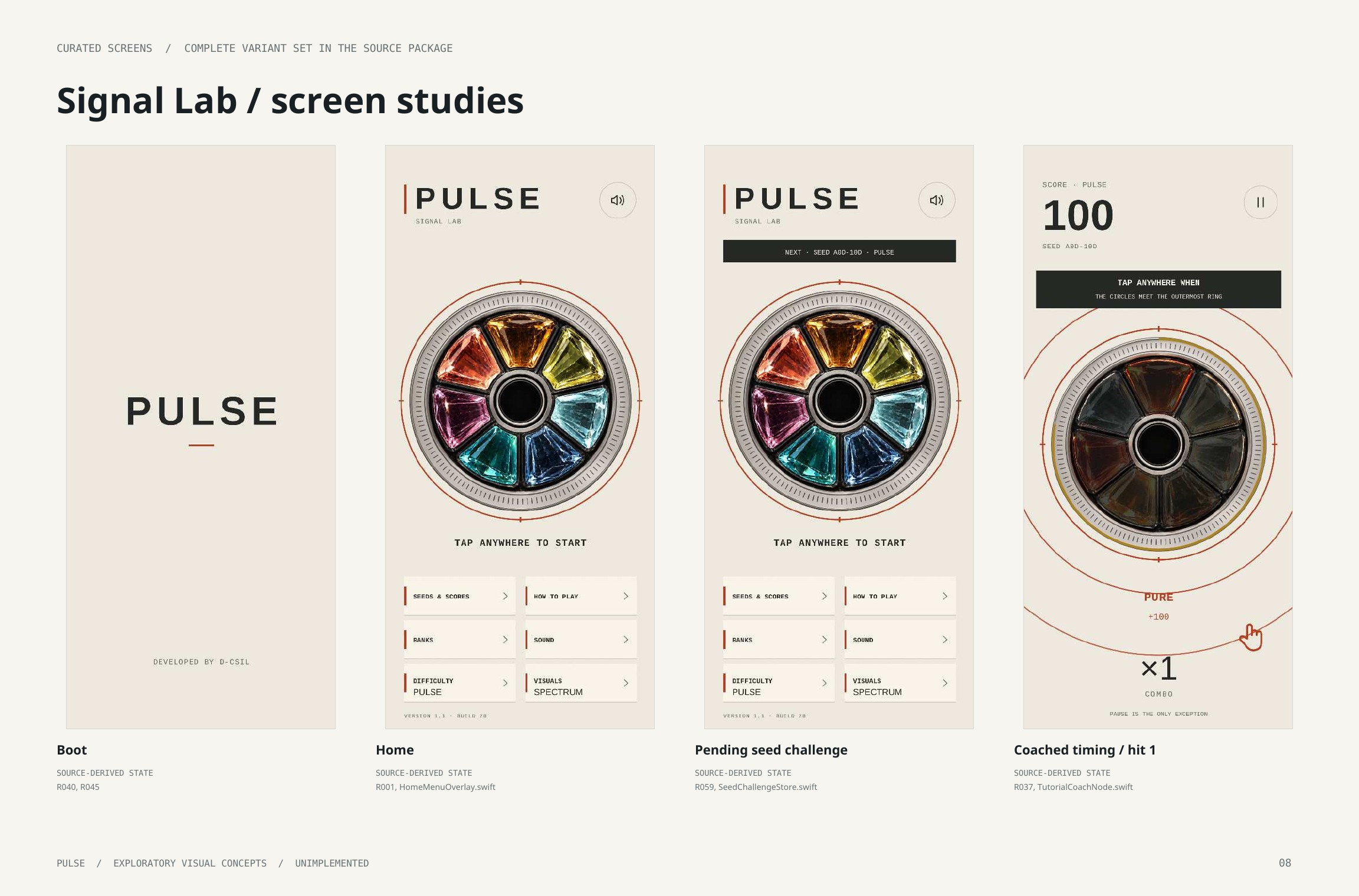 Original artbook page 8: Signal Lab / screen studies. Full page text follows.