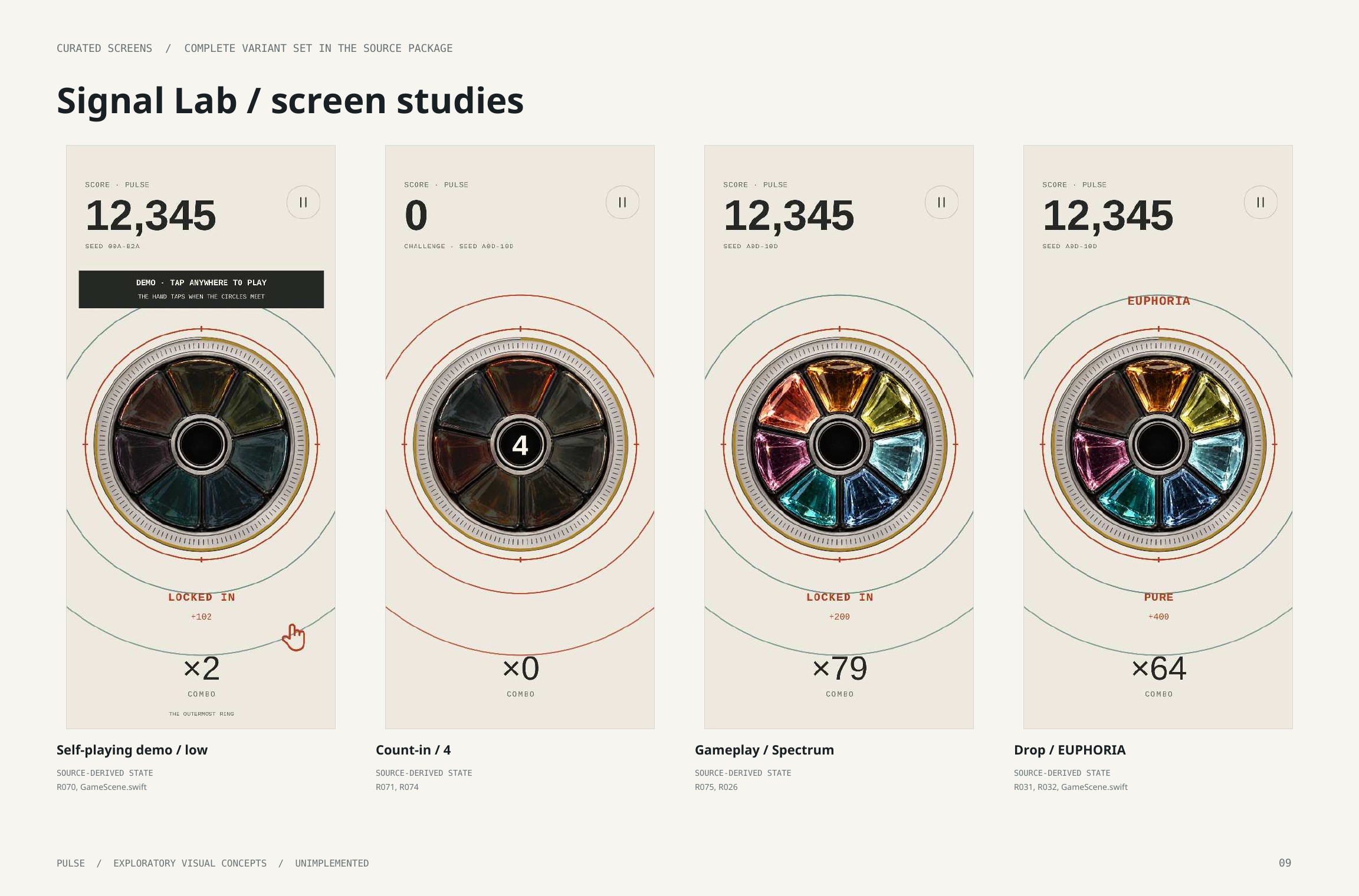 Original artbook page 9: Signal Lab / screen studies. Full page text follows.