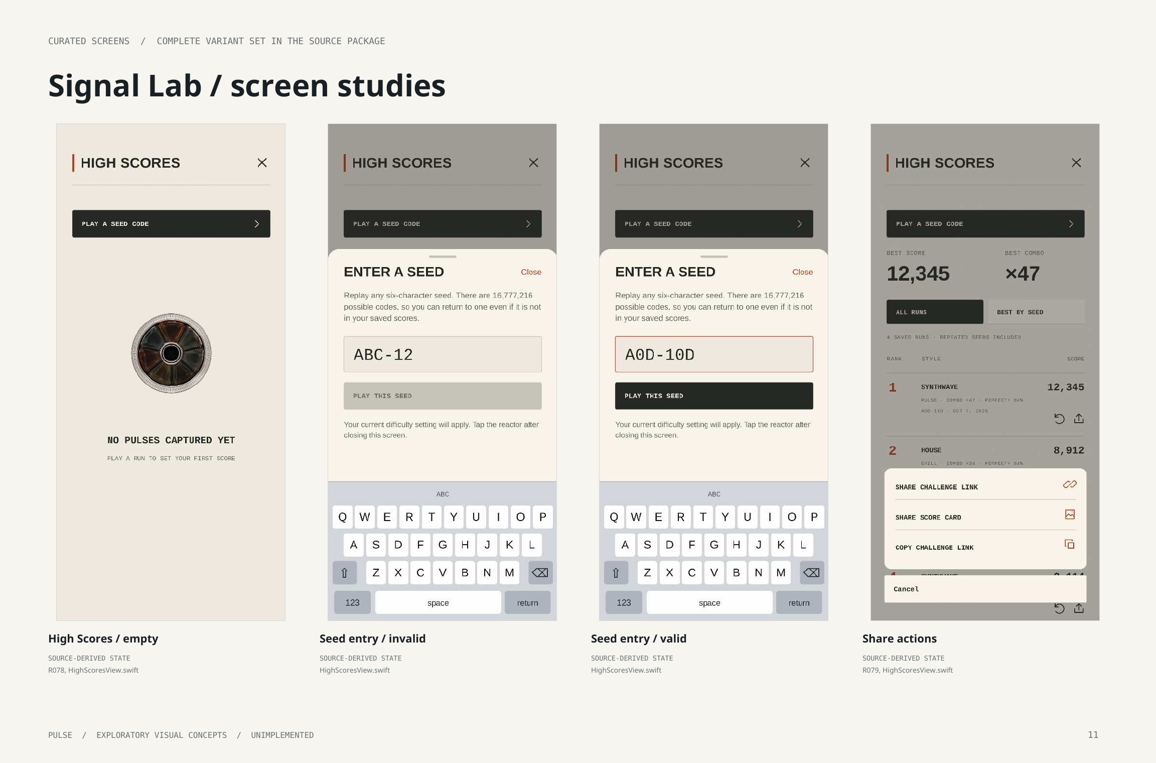 Original artbook page 11: Signal Lab / screen studies. Full page text follows.
