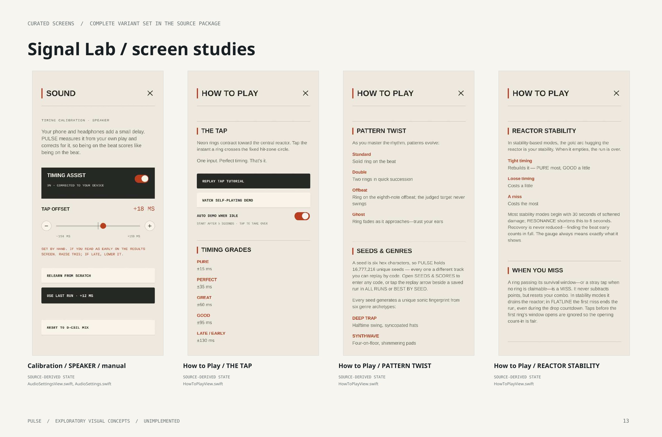 Original artbook page 13: Signal Lab / screen studies. Full page text follows.