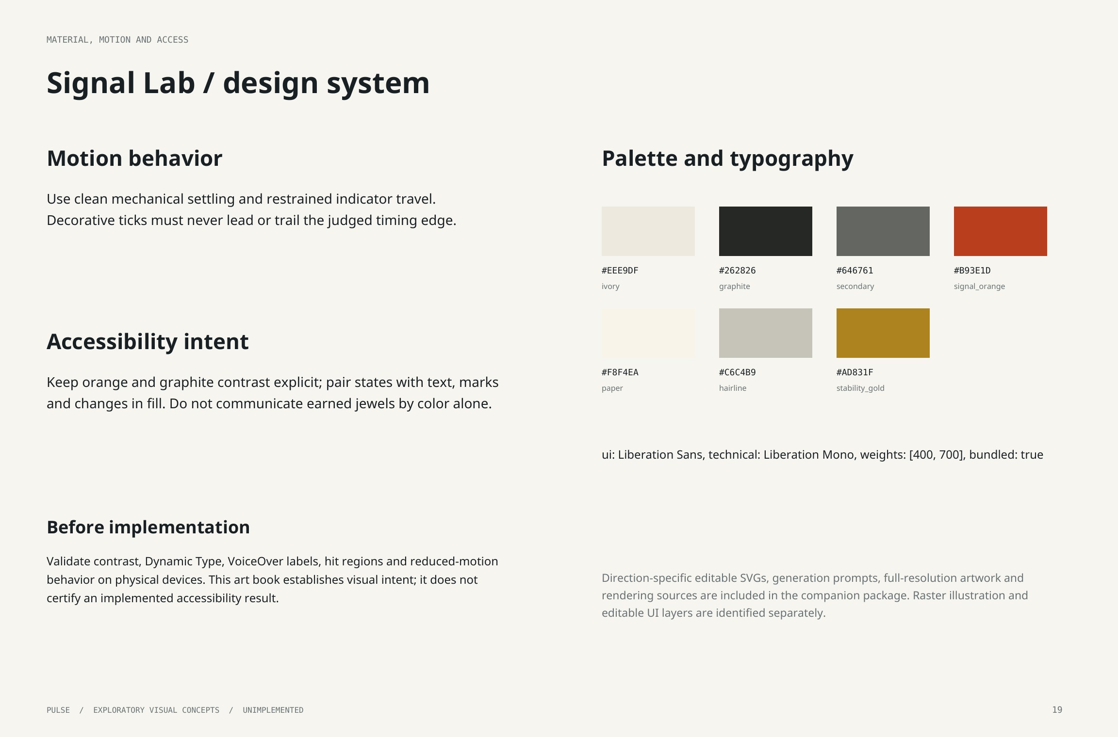 Original artbook page 19: Signal Lab / design system. Full page text follows.