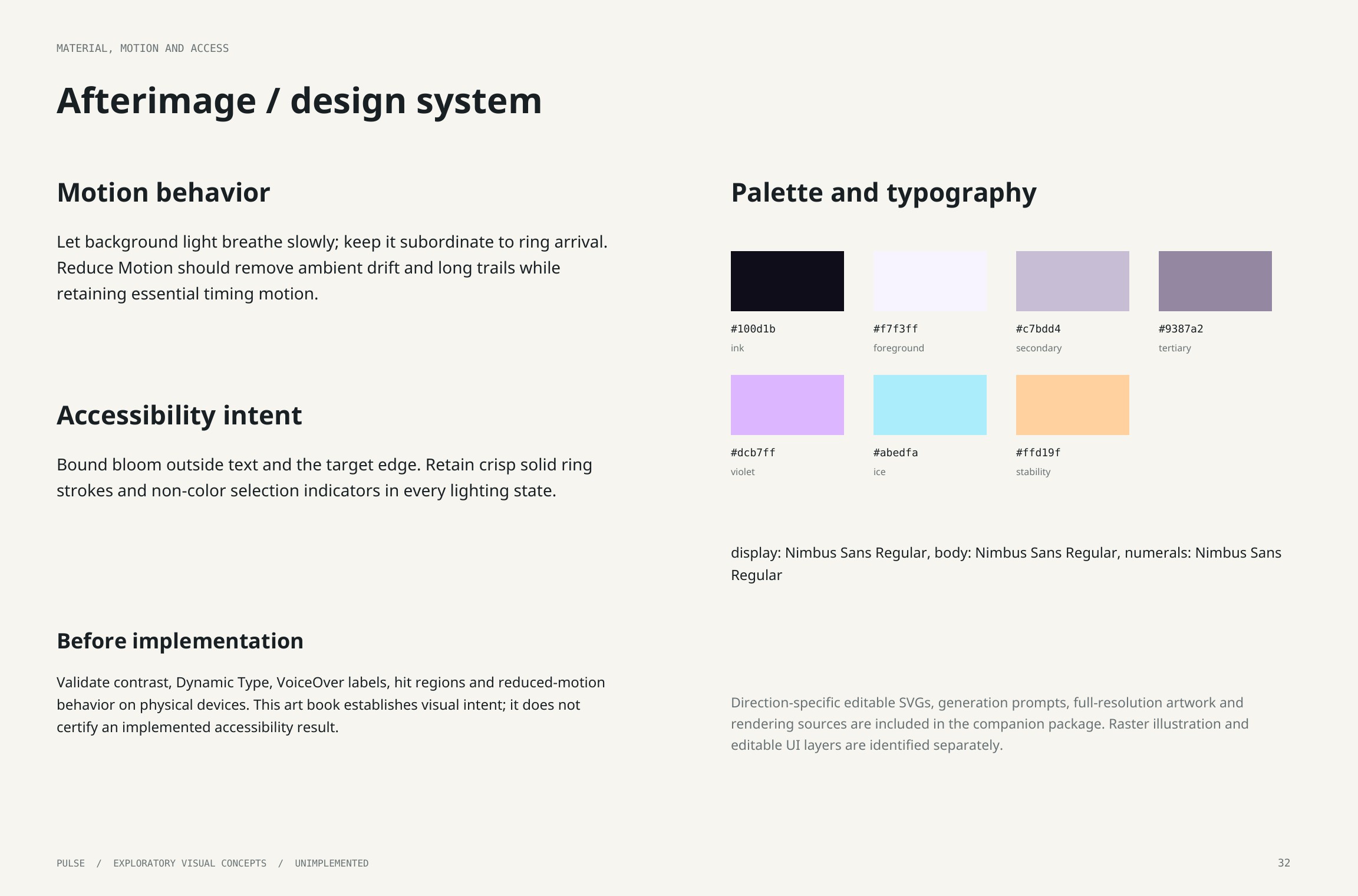 Original artbook page 32: Afterimage / design system. Full page text follows.