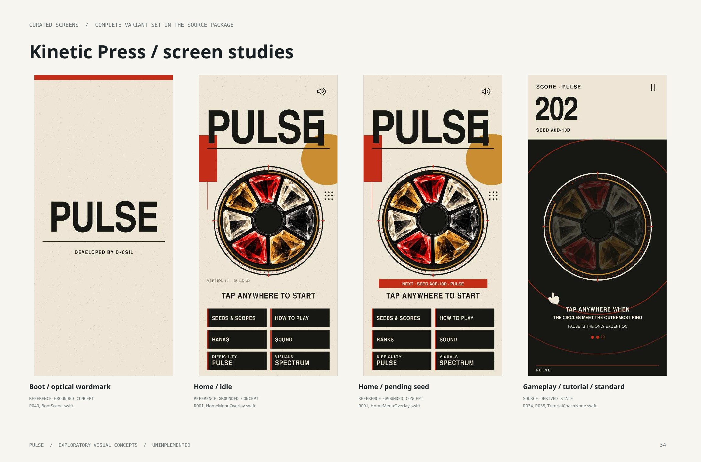 Original artbook page 34: Kinetic Press / screen studies. Full page text follows.