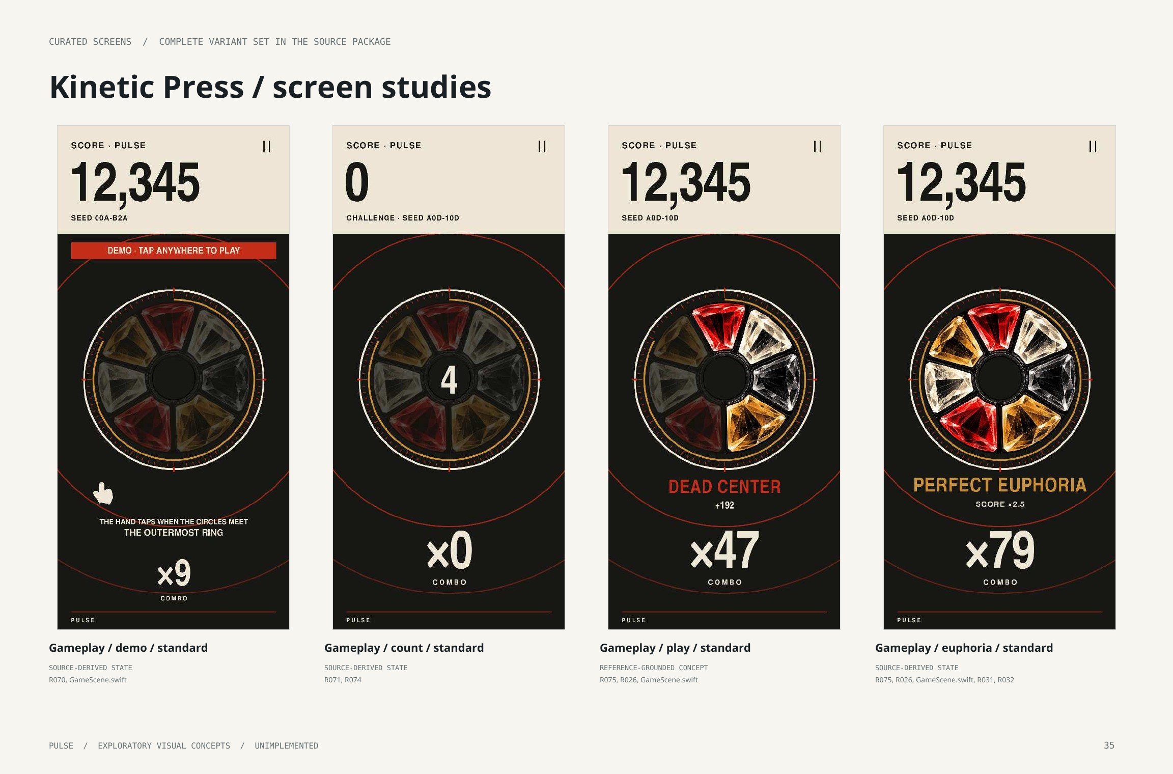 Original artbook page 35: Kinetic Press / screen studies. Full page text follows.