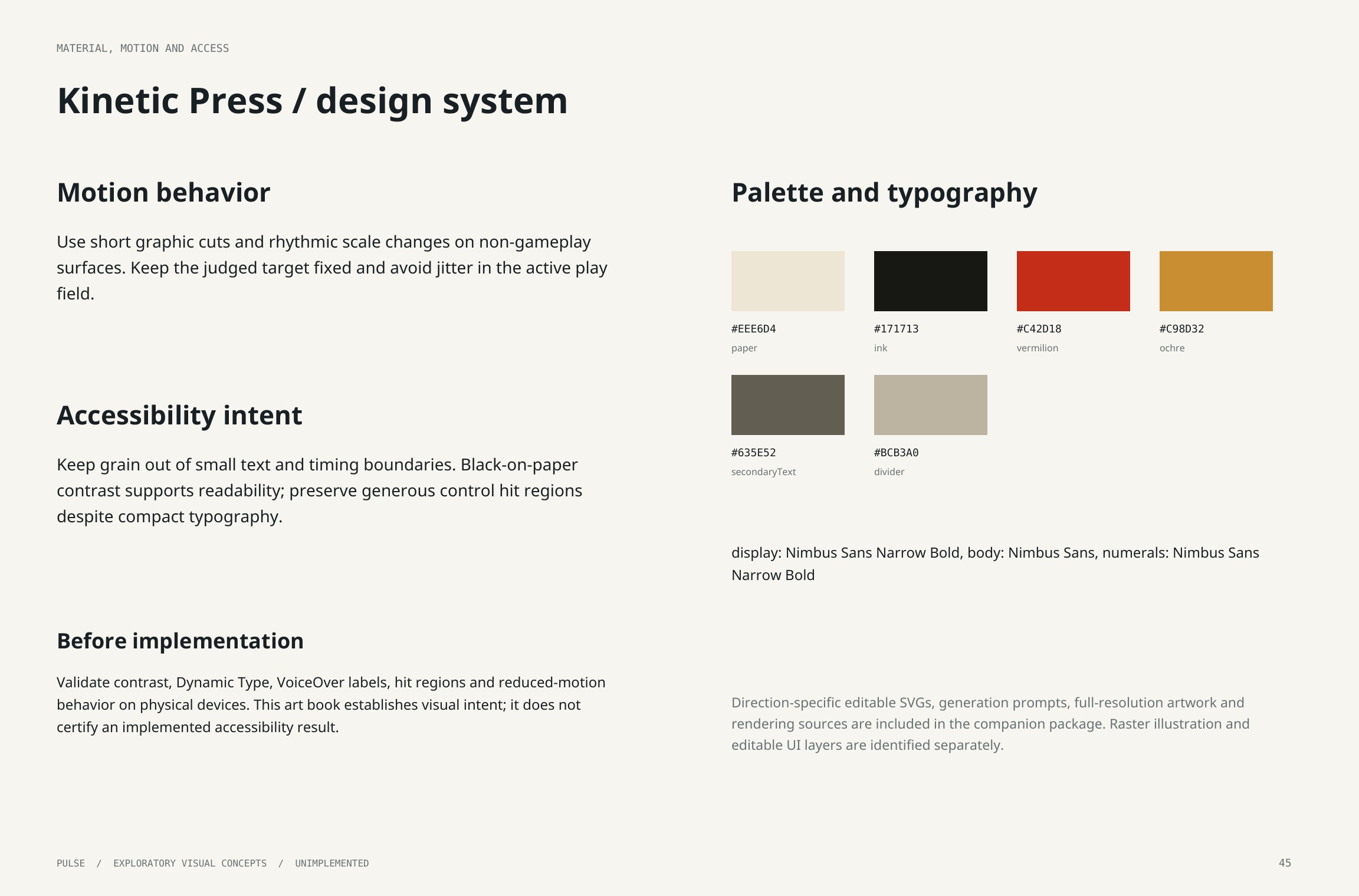 Original artbook page 45: Kinetic Press / design system. Full page text follows.