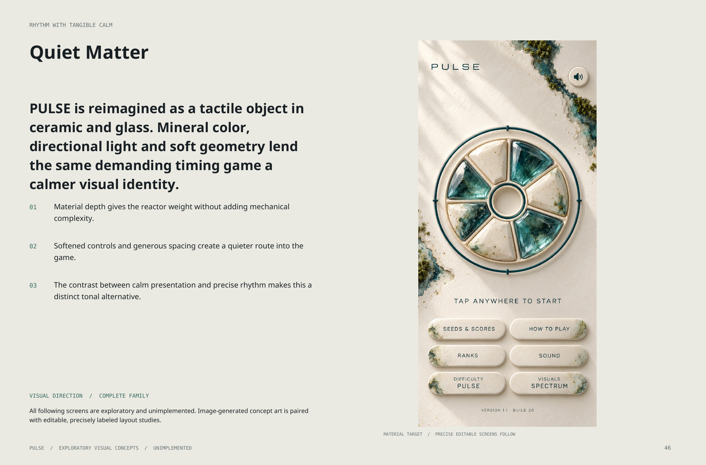 Original artbook page 46: Quiet Matter. Full page text follows.
