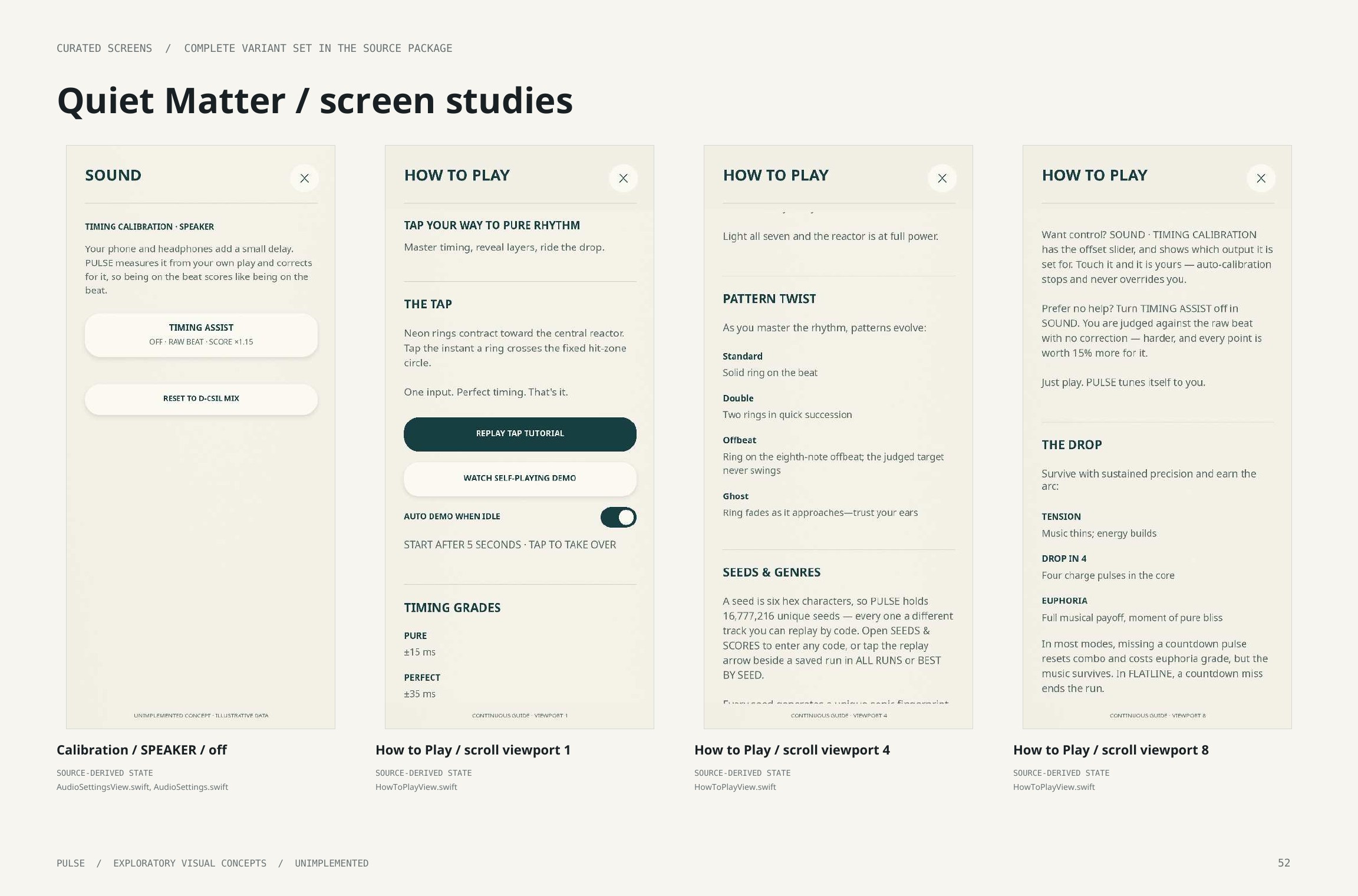 Original artbook page 52: Quiet Matter / screen studies. Full page text follows.