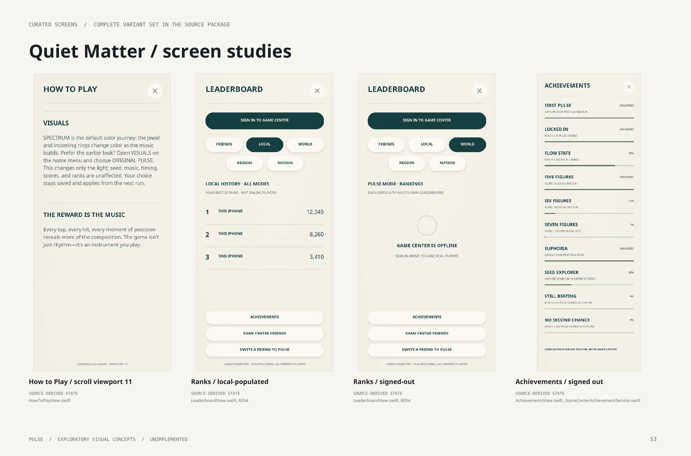 Original artbook page 53: Quiet Matter / screen studies. Full page text follows.