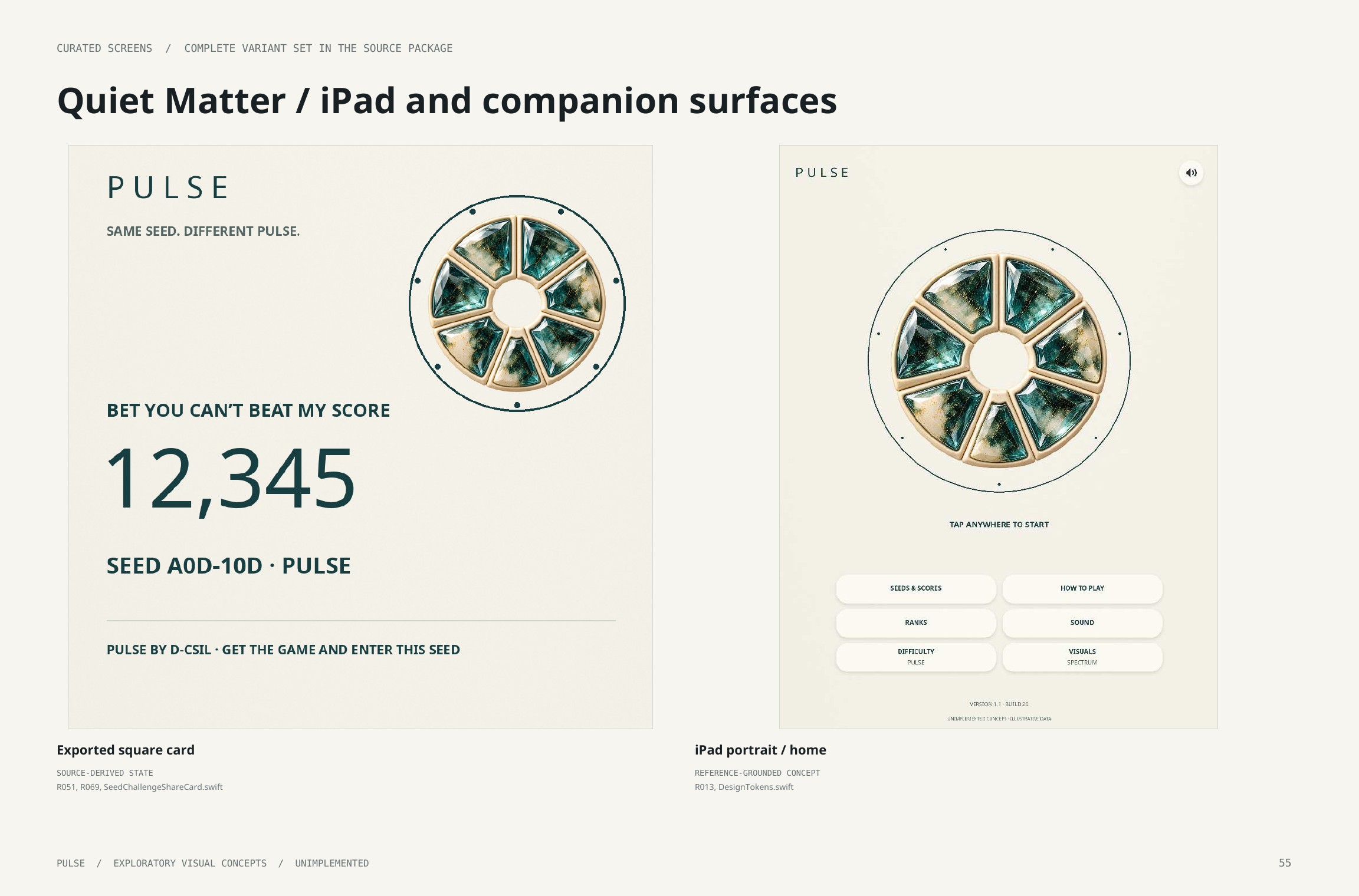 Original artbook page 55: Quiet Matter / iPad and companion surfaces. Full page text follows.