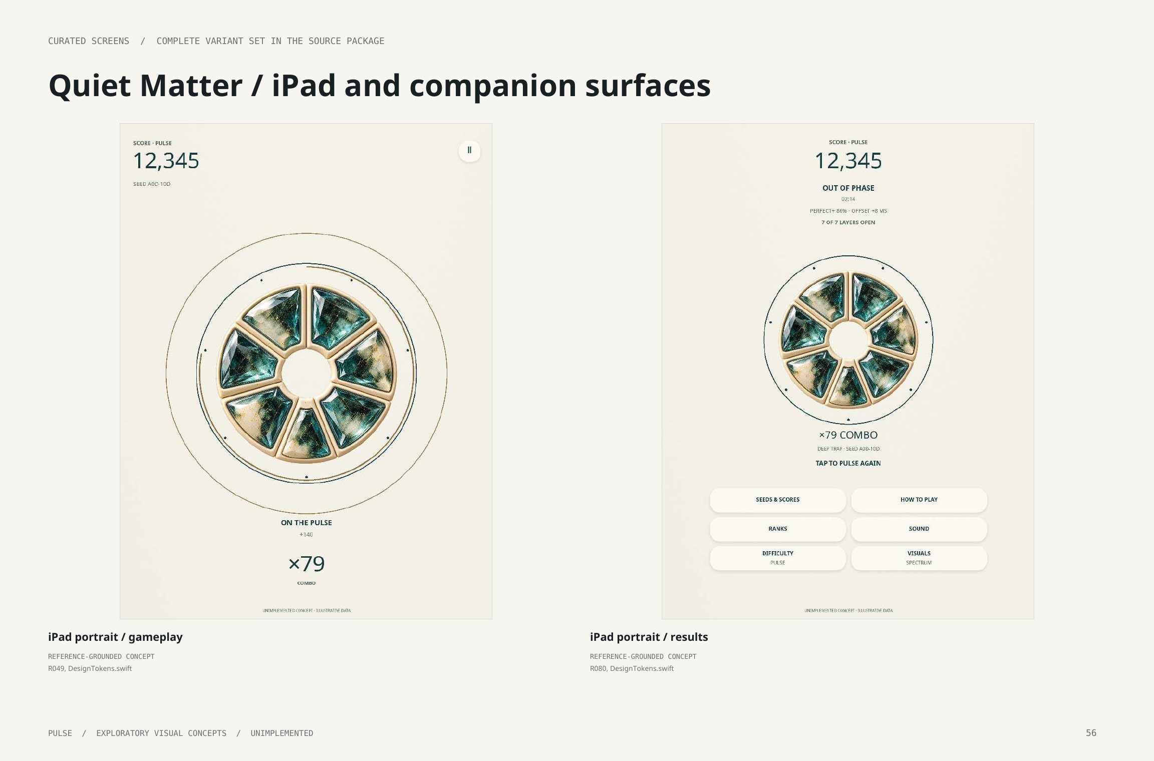 Original artbook page 56: Quiet Matter / iPad and companion surfaces. Full page text follows.