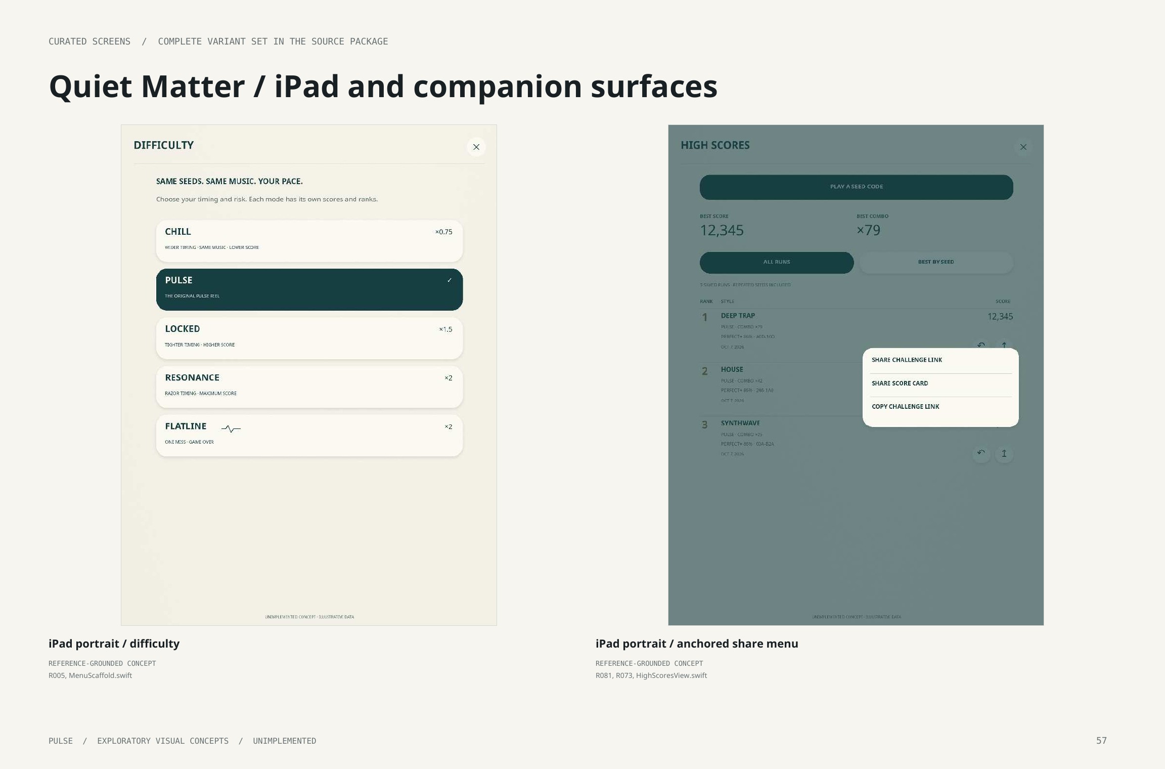 Original artbook page 57: Quiet Matter / iPad and companion surfaces. Full page text follows.