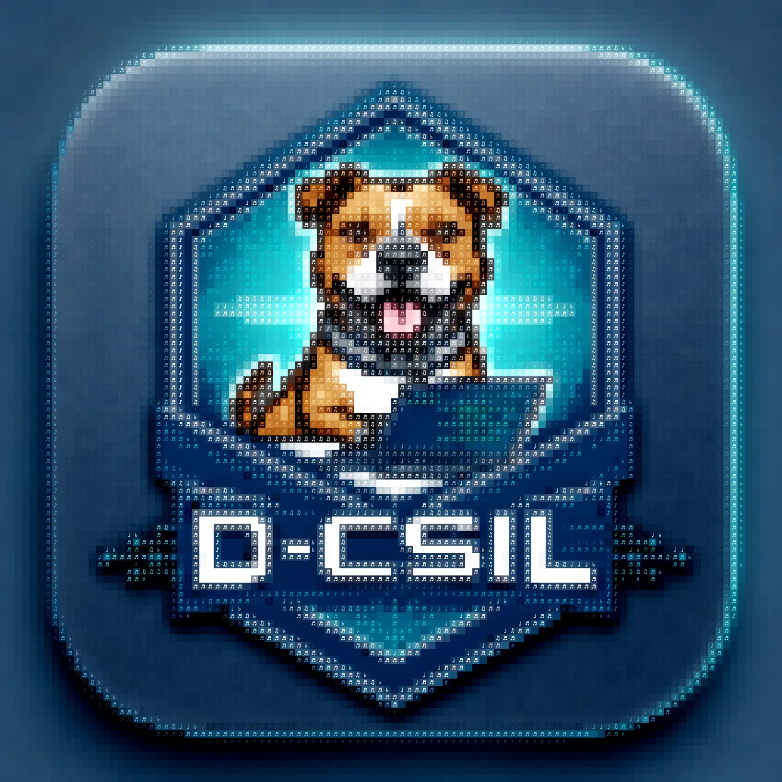 A photograph of the D-CSIL mascot rendered by Chromaglyph entirely from musical-note glyphs, in full color, with D-CSIL spelled across the bottom